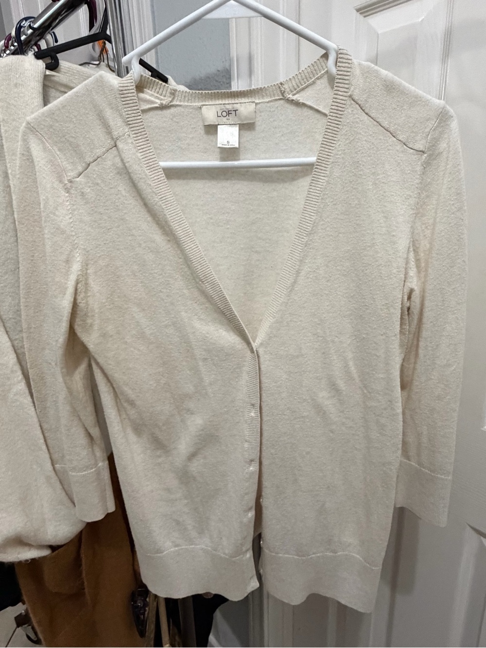 LOFT Cream V-Neck Button Cardigan